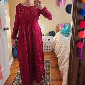 Handmade real silk & faux pearl Georgian Period Costume dress in red